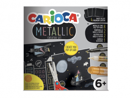 Acuarele, Tempera, Pensule - Set creativ cu 17 accesorii, carioci, coli negre, lipisi si foarfeca, Carioca Metallic