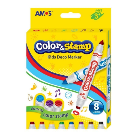 Ștampile, Tușiere, Embosare - Carioci colorate Amos CS8P, 2 capete, 8 culori, cu stampile, blister carton