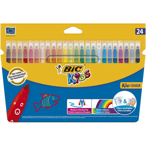 Birotică și Papetărie - Carioci colorate Bic Kids Kid Couleur, 24 culori, ultralavabile, blister carton