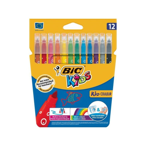 Birotică și Papetărie - Carioci colorate Bic Kids Kid Couleur 2727, 12 culori, ultralavabile, blister carton