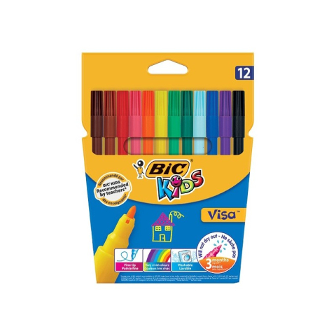 Birotică și Papetărie - Carioci colorate Bic Kids Visa 888695, 12 culori, lavabile, blister carton