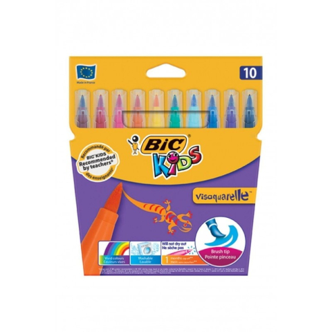Birotică și Papetărie - Carioci colorate Bic Kids Visaquarelle, 10 culori, tip pensula, lavabile, blister carton