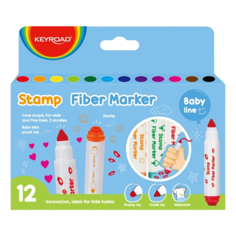 Birotică și Papetărie - Carioci colorate Keyroad Baby line KR972350, 2 capete, 12 culori, varf si stampila, blister carton