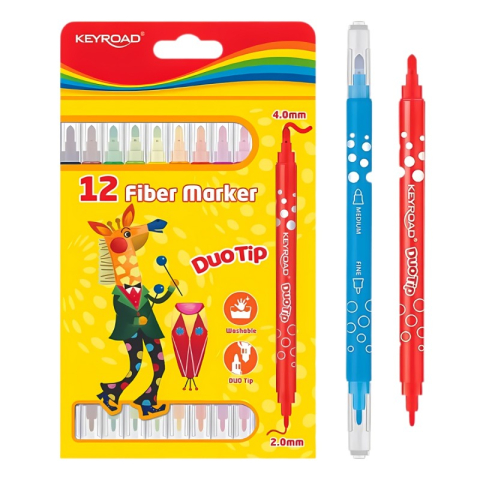 Birotică și Papetărie - Carioci colorate Keyroad Duo Washable KR971414, 2 capete, 12 culori, varf 2-4mm, lavabile, blister carton