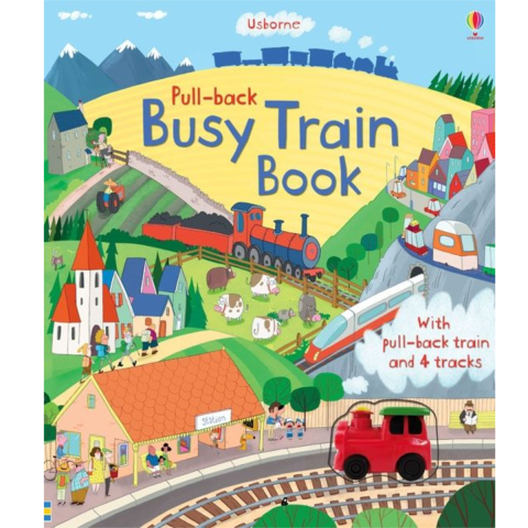 Carti in Engleza pentru copii - Carte Interactiva cu Trenulet si Piste, Pull-Back Busy Train Book, Varsta 3 ani+