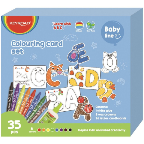 Rechizite Școlare - Cartoane de colorat Keyroad Baby line KR972360, 8 culori, + 26 cartoane, 8 creioane cerate, aracet