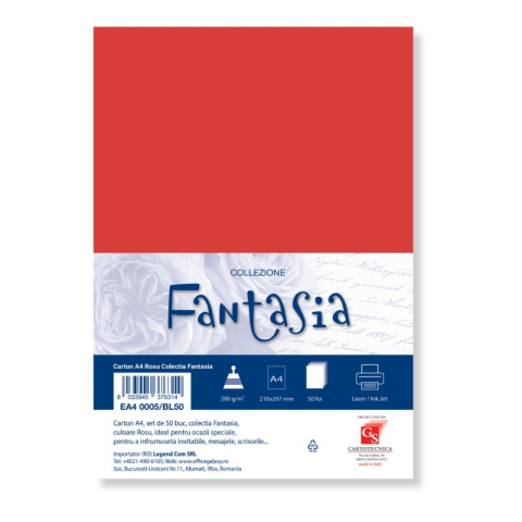 Art & Craft si Artizanat - Carton special colorat A4 Colorarte Fantasia, 200g/mp, rosu, top 50 coli