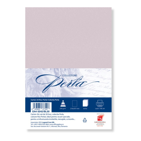 Art & Craft si Artizanat - Carton special colorat A4 Colorarte Perla, 250g/mp, roz perlat, top 50 coli