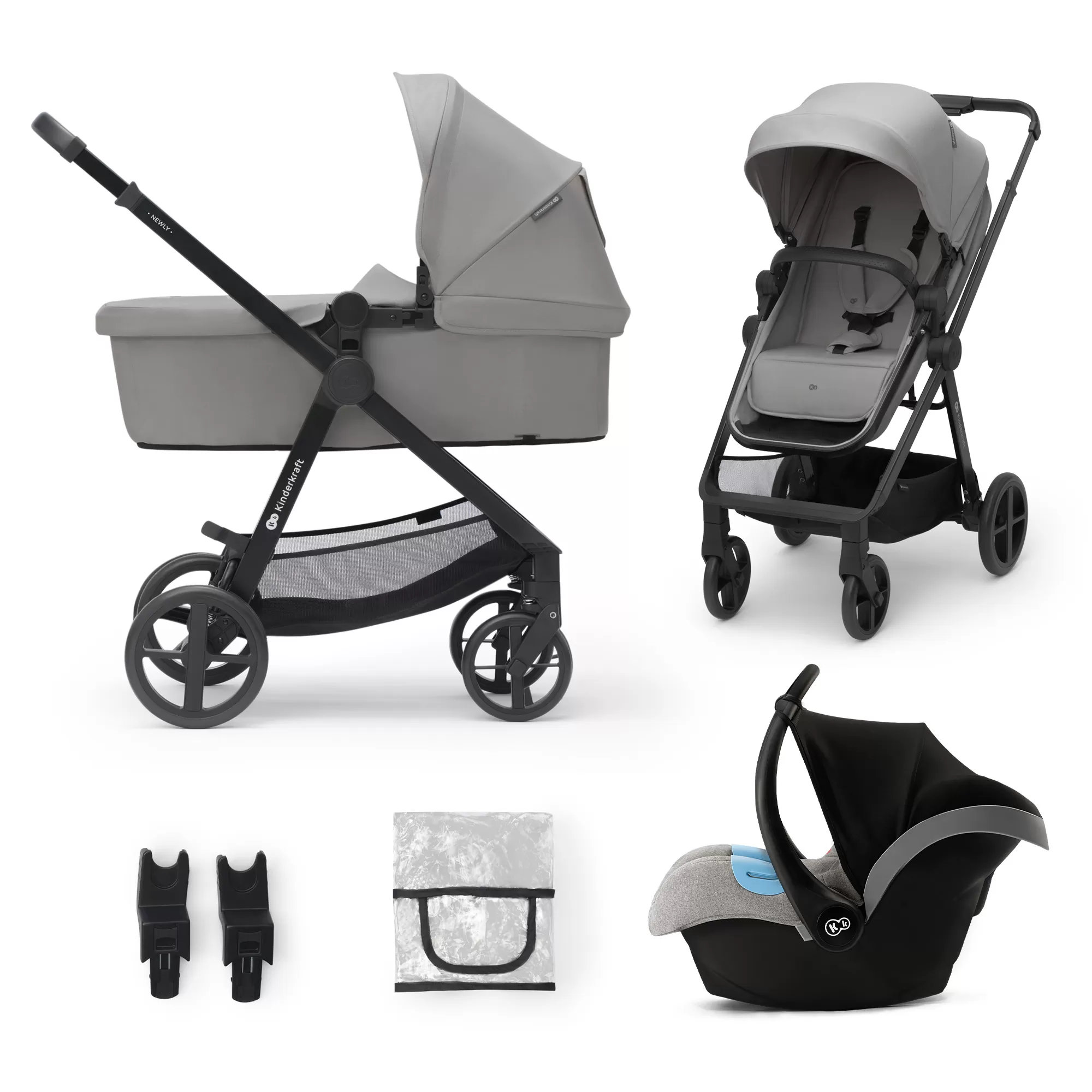Carucioare, articole transport - Carucior kinderkraft newly, 3 in 1, moonlight grey, varsta de la 0 luni la 5 ani