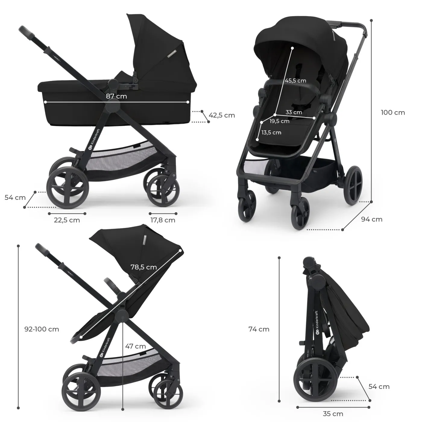 Carucior kinderkraft newly, 4 in 1, classic black, varsta de la 0 luni la 4 ani [7]