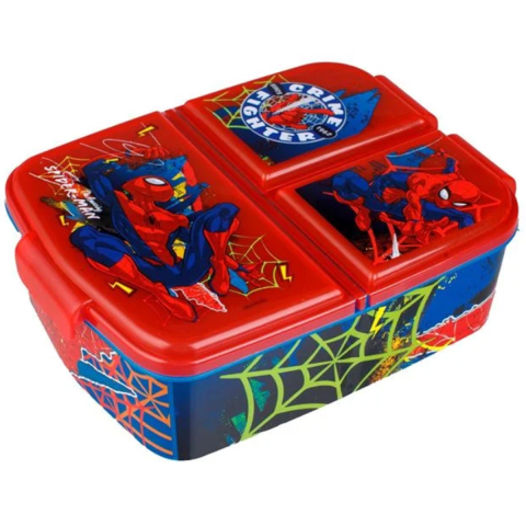 Rechizite Școlare - Caserola cu 3 Compartimente Albastra Rosie Spiderman pentru Copii - 790ml