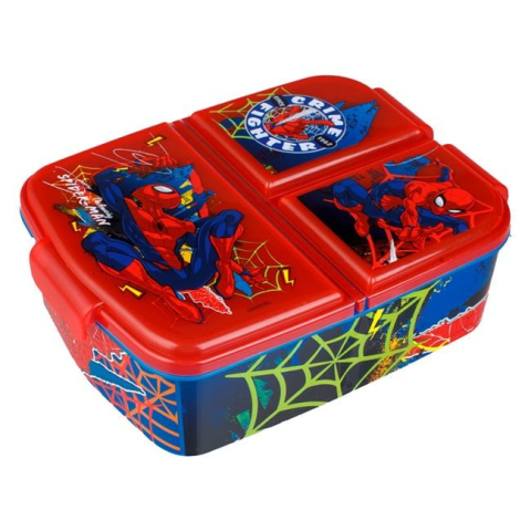 Caserola plastic, compartimentata, copii, Spiderman, Albastra Rosie, pentru baieti, 790 ml, 18 x 13.5 x 5.5 cm [1]