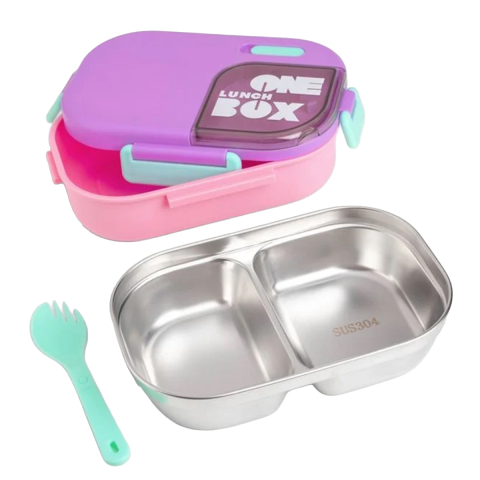 Rechizite Școlare - Caserola Pranz pentru fete, Lunch Box One, din Otel Inoxidabil, cu Tacam si Cleme, capacitate 800ml