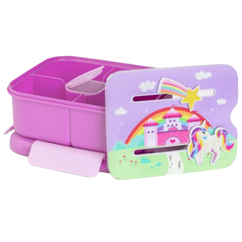 Rechizite Școlare - Caserola Pranz pentru Copii, Lunch Box, Unicorn, cu Capac Interactiv 3D si Recipient Sos, capacitate 1.3L
