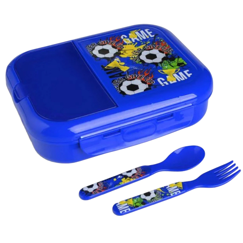 Caserole Copii, Lunch Box si Sticle de Apa pentru Scoala - Caserola Pranz pentru Copii, model Fotbal, cu 3 Compartimente si Tacamuri, Albastru, capacitate 1.3L