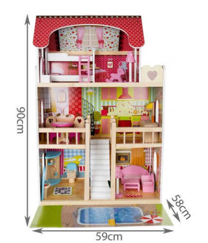 Casa de papusi din lemn XXL cu piscina si lumini LED – Vila 90 cm cu 18 accesorii [5]