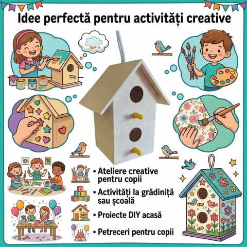 Casuta de colorat pentru pasari, din lemn natur, 2 gauri [3]