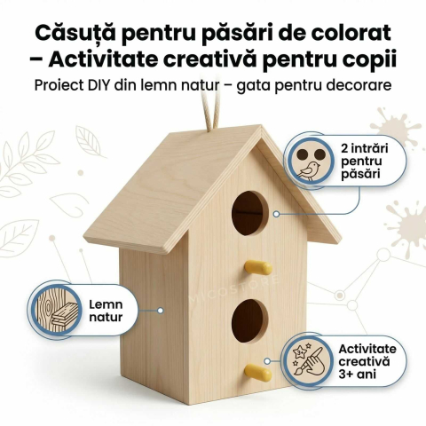 Seturi creative pentru copii - Casuta de colorat pentru pasari, din lemn natur, 2 gauri