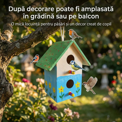 Casuta de colorat pentru pasari, din lemn natur, 2 gauri [4]