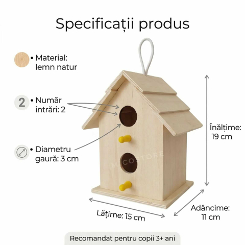 Casuta de colorat pentru pasari, din lemn natur, 2 gauri [5]