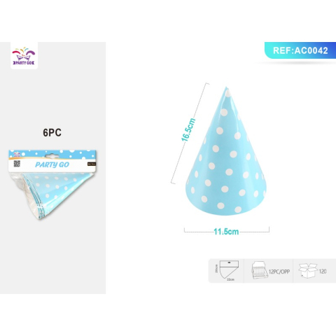 Coifuri si suflatori - Coif petrecere PartyGo, 16cm, buline albe, bleu, AC0042, set 6 buc