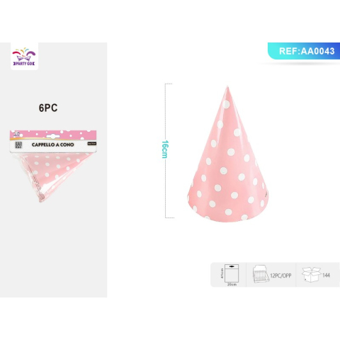 Coifuri si suflatori - Coif petrecere PartyGo, 16cm, buline albe, roz, AA0043, set 6 buc