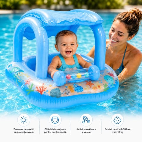 Jucării și Jocuri pentru copii - Colac bebe cu parasolar si sezut, 6-36 luni, max 18 kg