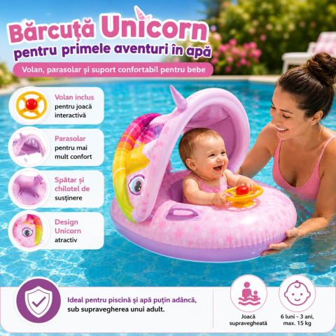Colac Bebe cu Parasolar, Chilotel si Volan, 6-36 luni, Unicorn [3]