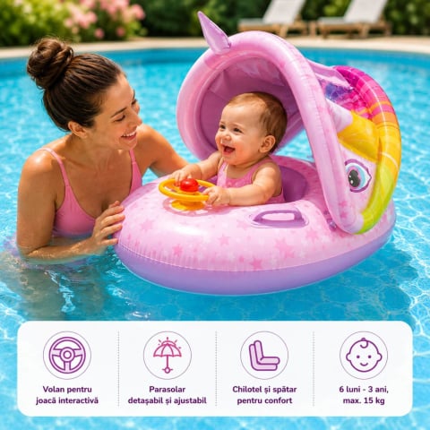 Jucării și Jocuri pentru copii - Colac Bebe cu Parasolar, Chilotel si Volan, 6-36 luni, Unicorn