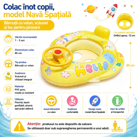 Colac inot copii 1-5 ani, barcuta cu volan, chilotel, Galben [1]