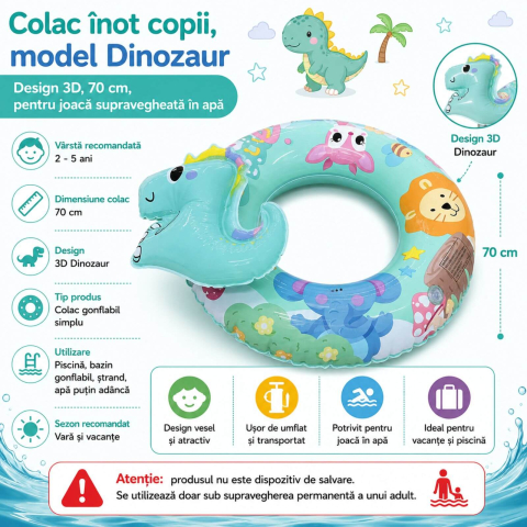 Colac inot copii 2-5 ani, gonflabil, 70 cm, Dinozaur 3D [1]