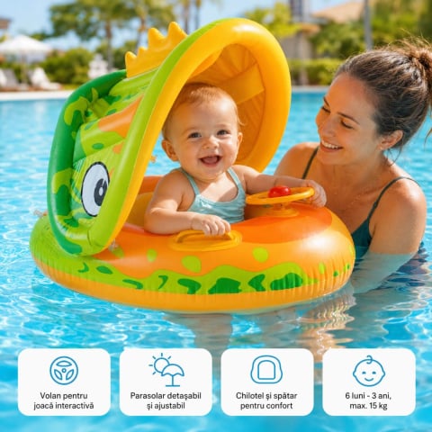 Jucării și Jocuri pentru copii - Colac Bebe cu Parasolar, Chilotel si Volan, 6-36 luni, Crocodil