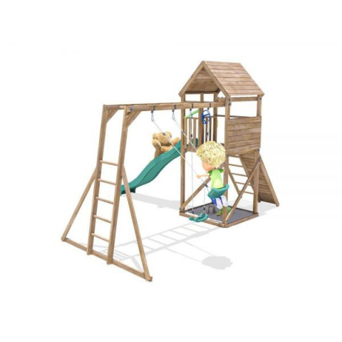 Jucării și Jocuri pentru copii - Complex de joaca FrontierFort Max cu Monkey Bars si 2 leagane, tobogan verde 2.9 m, Dunster House