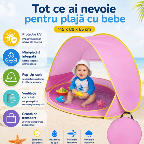 Cort de plaja bebe, roz, pop-up, cu piscina si protectie UV, 115 x 80 x 65 cm [2]
