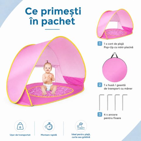 Cort de plaja bebe, roz, pop-up, cu piscina si protectie UV, 115 x 80 x 65 cm [6]
