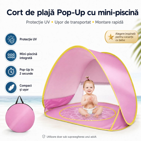 Jucării și Jocuri pentru copii - Cort de plaja bebe, roz, pop-up, cu piscina si protectie UV, 115 x 80 x 65 cm