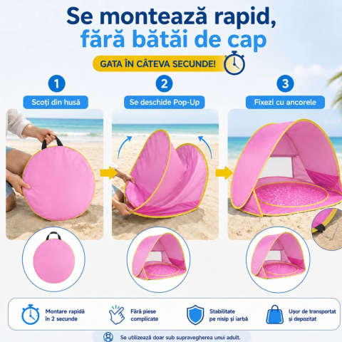 Cort de plaja bebe, roz, pop-up, cu piscina si protectie UV, 115 x 80 x 65 cm [5]