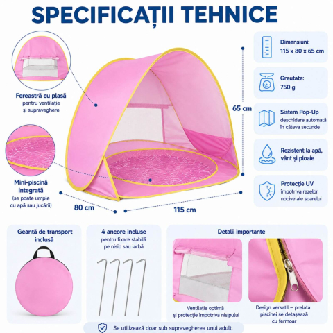 Cort de plaja bebe, roz, pop-up, cu piscina si protectie UV, 115 x 80 x 65 cm [3]