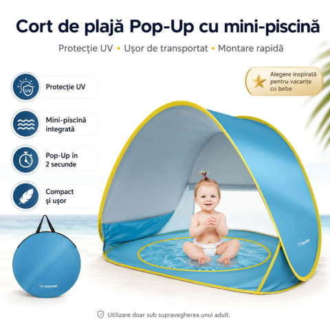 Jucării și Jocuri pentru copii - Cort Plaja Copii si Bebelusi, Protectie UV, cu Piscina - Micostore.ro