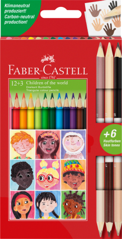 Rechizite Școlare - Creioane colorate 12+3 cr. bicolore piele children of the world faber-castell
