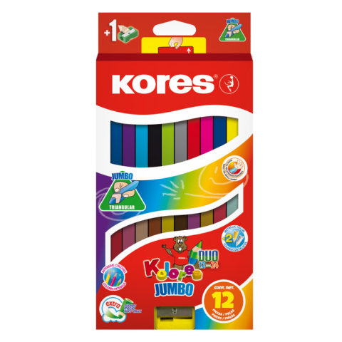 Rechizite Școlare - Creioane colorate 12 culori + ascutit. triunghiulare jumbo kores