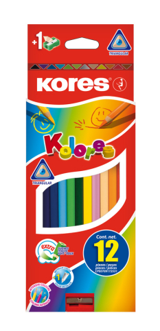 Rechizite Școlare - Creioane colorate 12 culori + ascutitoare triunghiulare kores