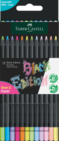 Rechizite Școlare - Creioane colorate 12 culori pastel+ neon black edition faber-castell