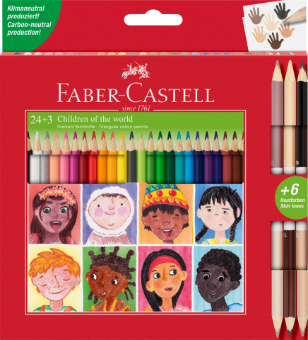 Rechizite Școlare - Creioane colorate 24+3 cr. bicolore piele children of the world faber-castell