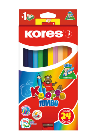 Rechizite Școlare - Creioane colorate 24 culori + ascutit. triunghiulare jumbo kores
