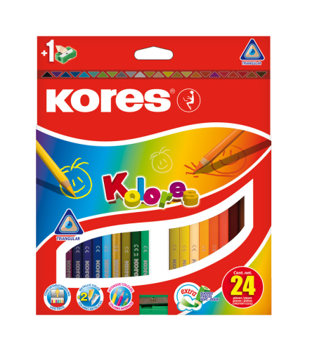 Rechizite Școlare - Creioane colorate 24 culori + ascutitoare triunghiulare kores