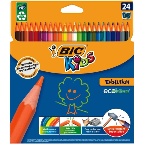 Creioane Colorate si Cerate pentru Copii - Creioane colorate Bic Kids Evolution 2204, 24 culori, extra rezistente, blister carton