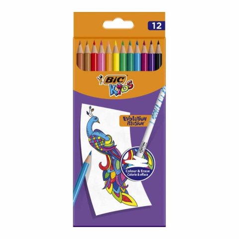 Corectoare, PIC, Radiere si Gume de Sters - Creioane colorate Bic Kids Evolution Illusion, 12 culori, extra rezistente cu radiera, blister carton