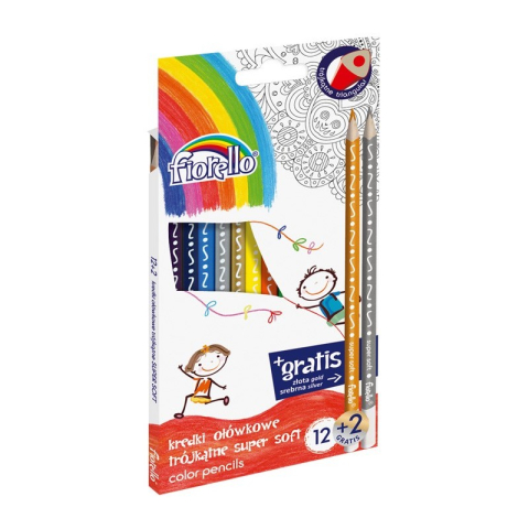 Rechizite Școlare - Creioane colorate Fiorello Soft 170-2150, triunghiulare, 12 culori, auriu, argintiu, blister carton