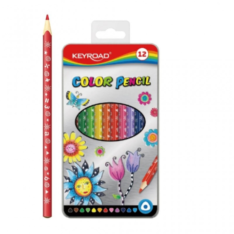 Rechizite Școlare - Creioane colorate Keyroad KR971450, triunghiulare, 12 culori, cutie metal